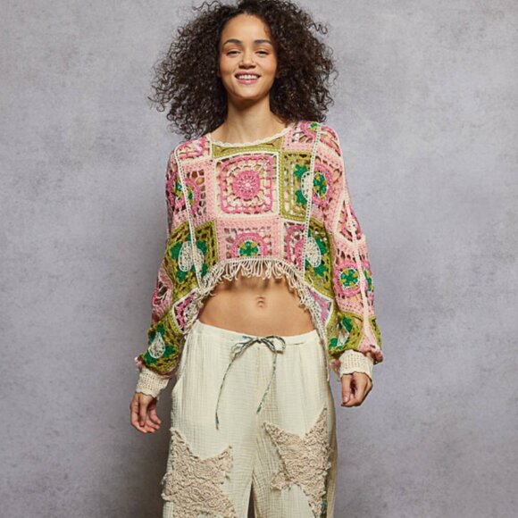 POL Boho Crochet Top Hippie Fringe Patchwork Sweater Festival Wear - Picture 11 of 11